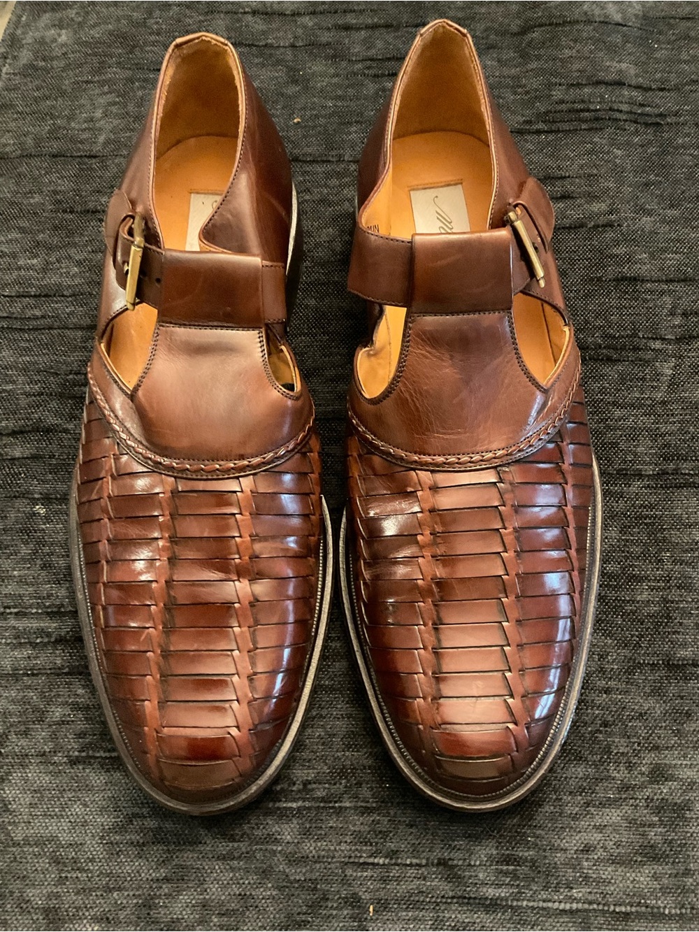 Mezlan Cognac Brown Woven Leather Monk-Strap Loafers